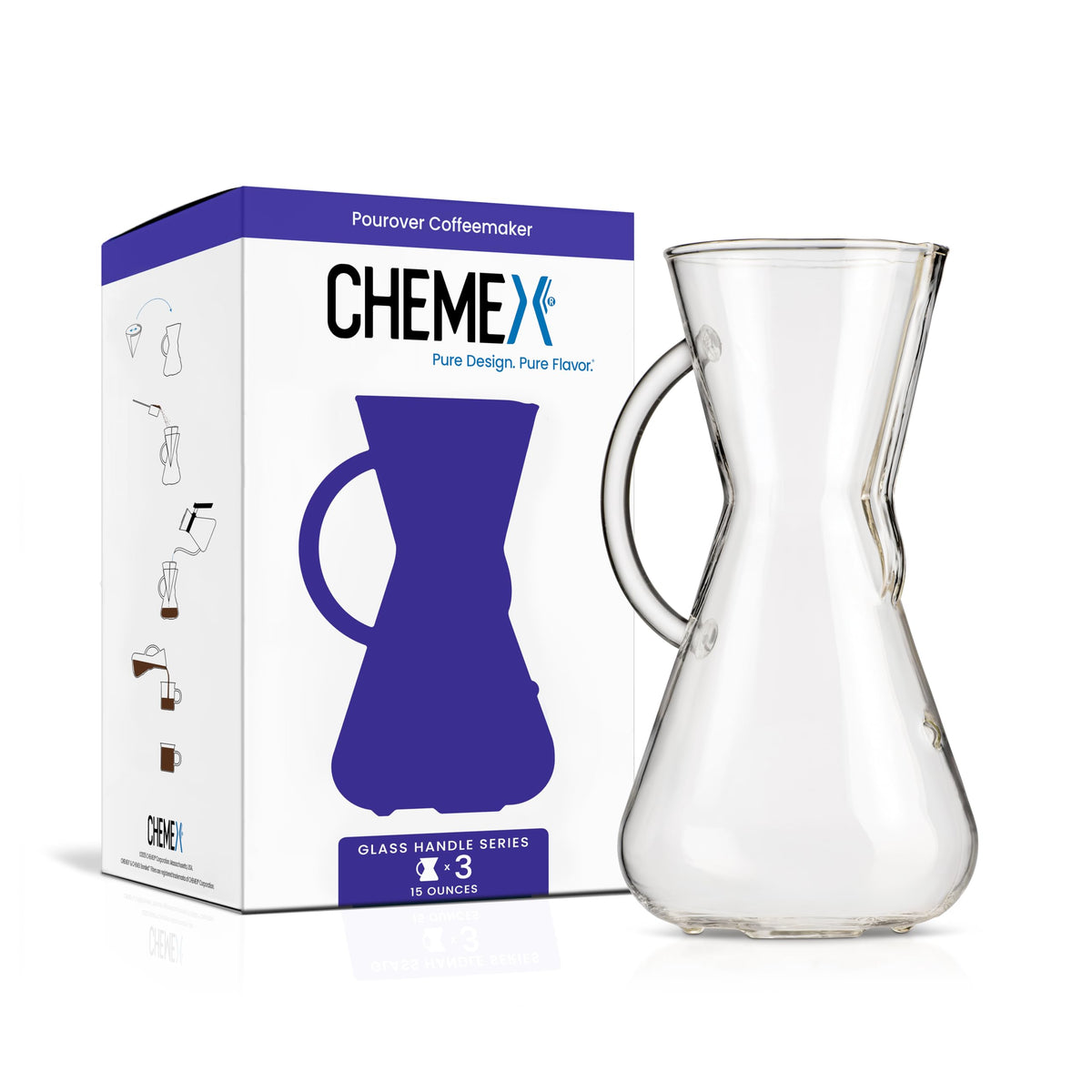 Chemex pour-over glass coffeemaker 3-cup with handle delivers clean, flavorful brews.