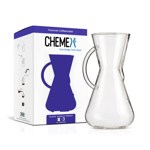 Chemex pour-over glass coffeemaker 3-cup with handle delivers clean, flavorful brews.