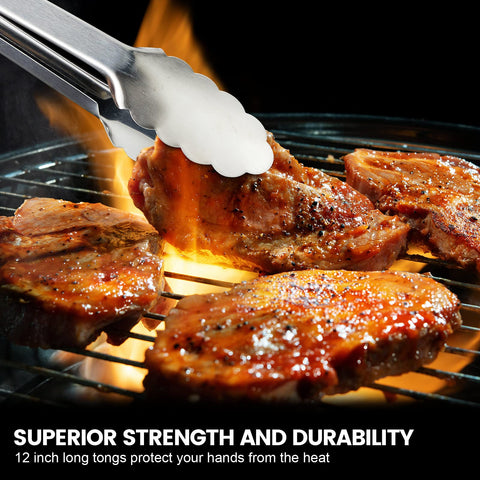 CHENGU 12-inch stainless steel tongs reach for grilling and serving larger portions.