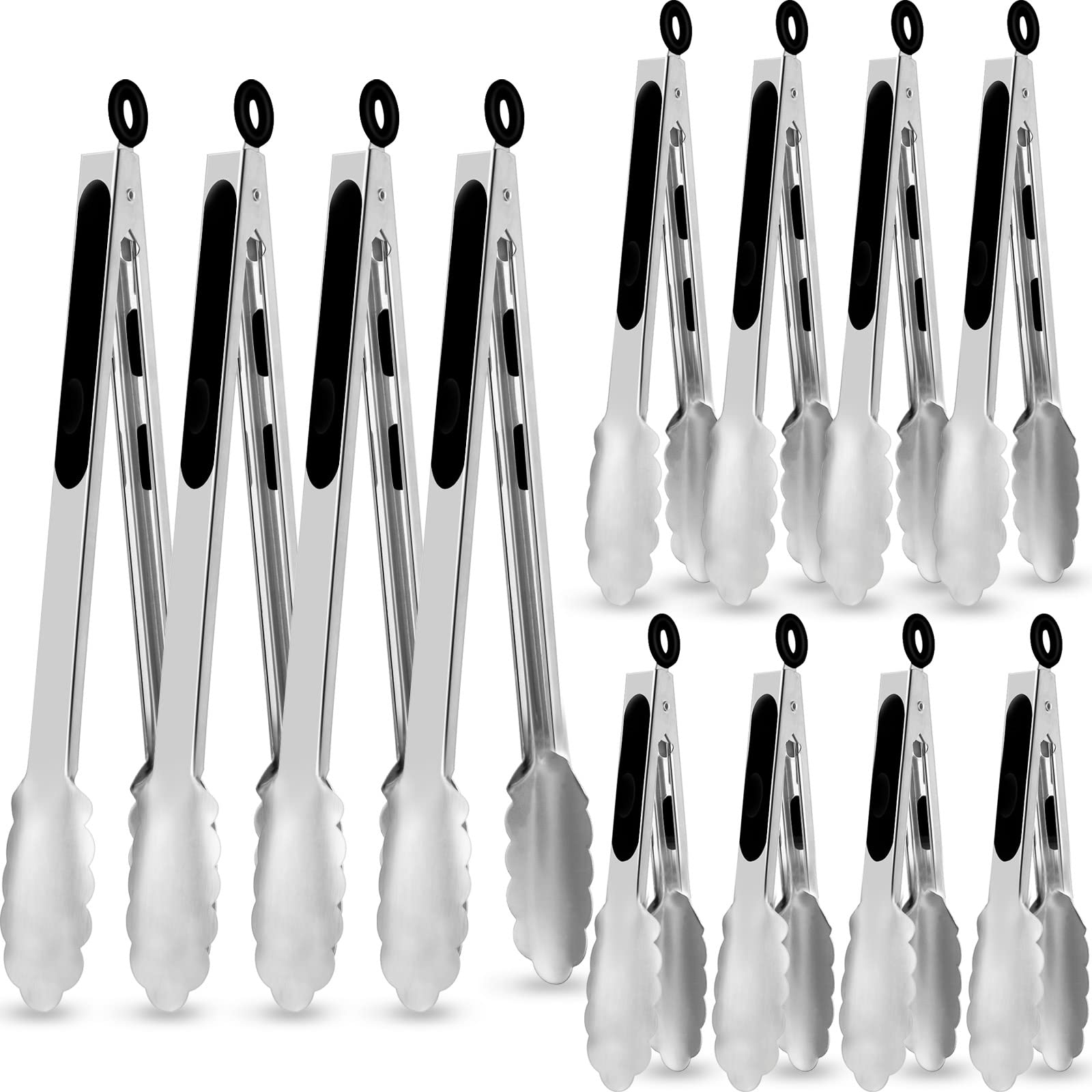 CHENGU 12-pack stainless steel kitchen tongs set for versatile cooking and serving.