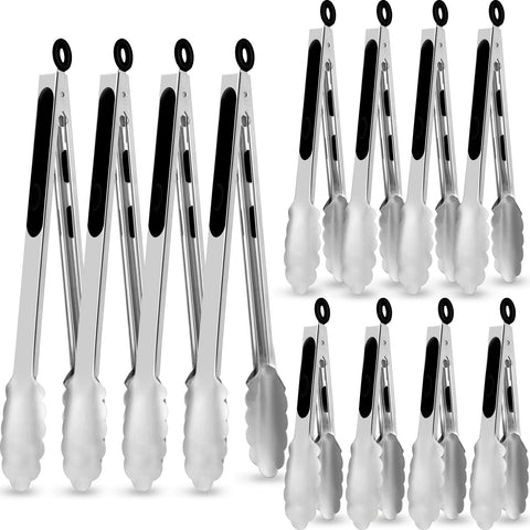 CHENGU 12-pack stainless steel kitchen tongs set for versatile cooking and serving.