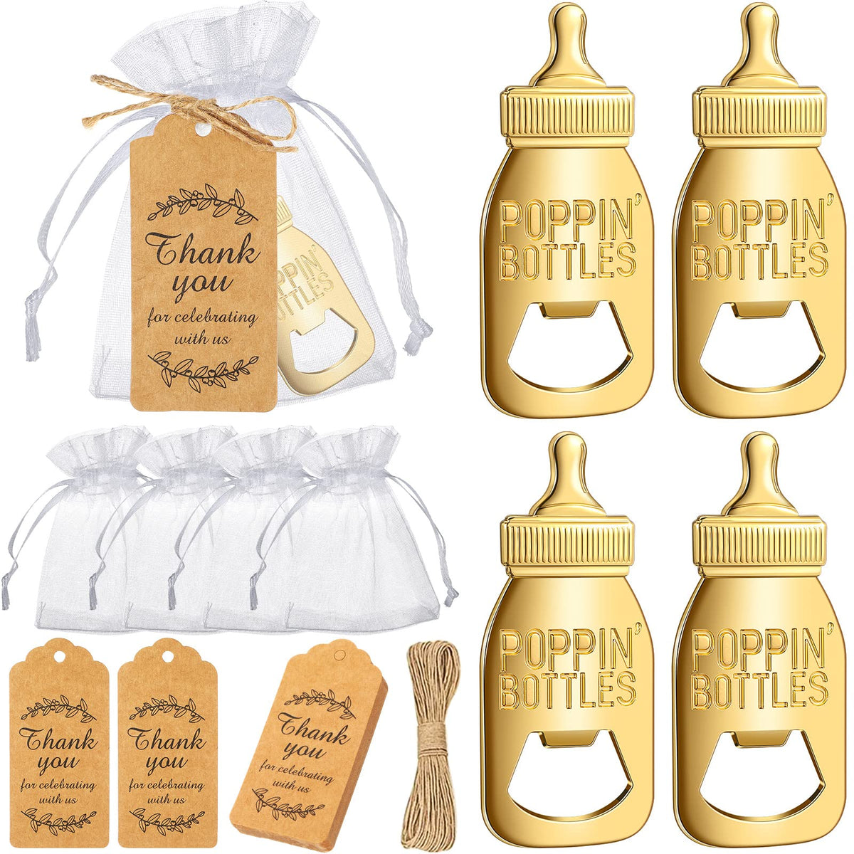 CHENGU baby shower bottle opener in gold finish, a stylish guest gift.