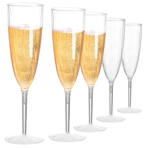 Cheoshyo 18-pack plastic champagne flutes with 6oz capacity for toasts.