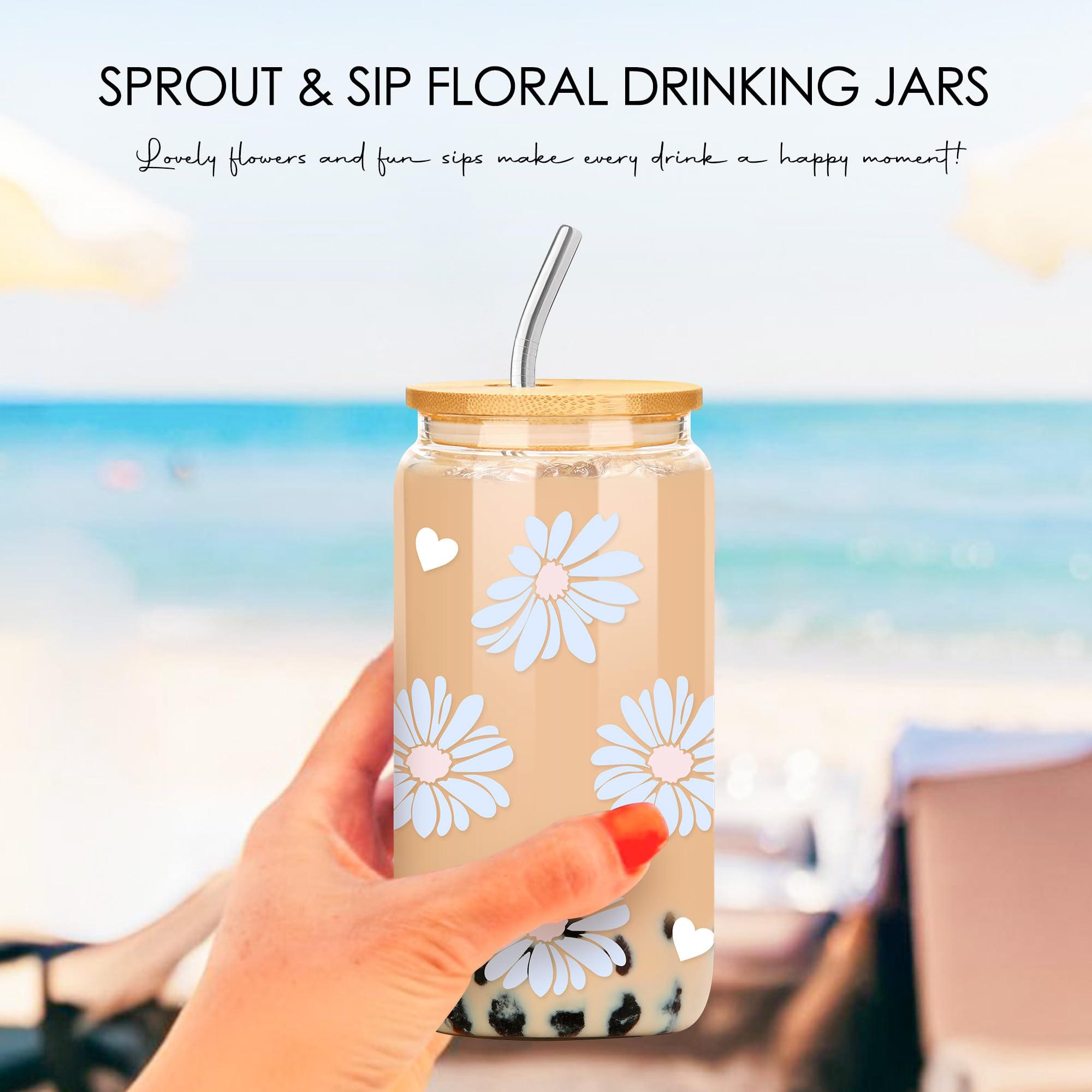 CHESACE 16oz retro floral glass cup with daisy print for daily rituals