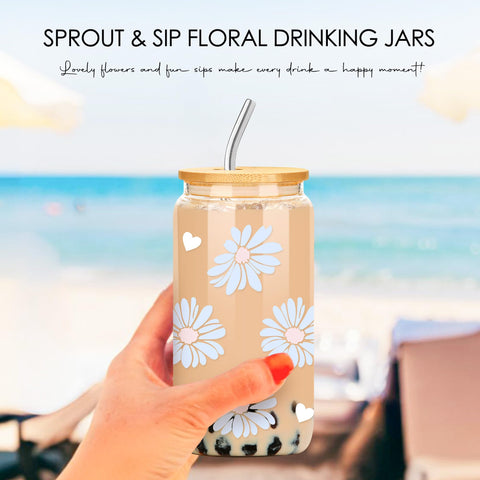 CHESACE 16oz retro floral glass cup with daisy print for daily rituals