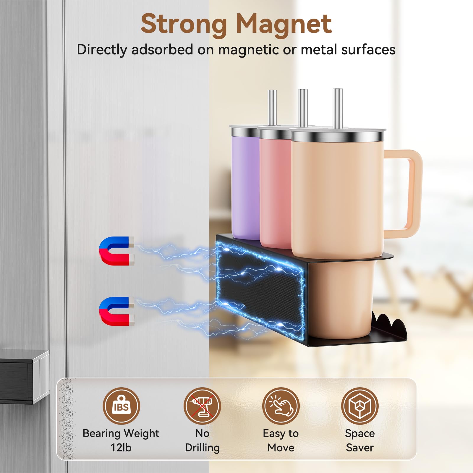 Chewlish fridge-mount cup organizer with three slots stores cups neatly.