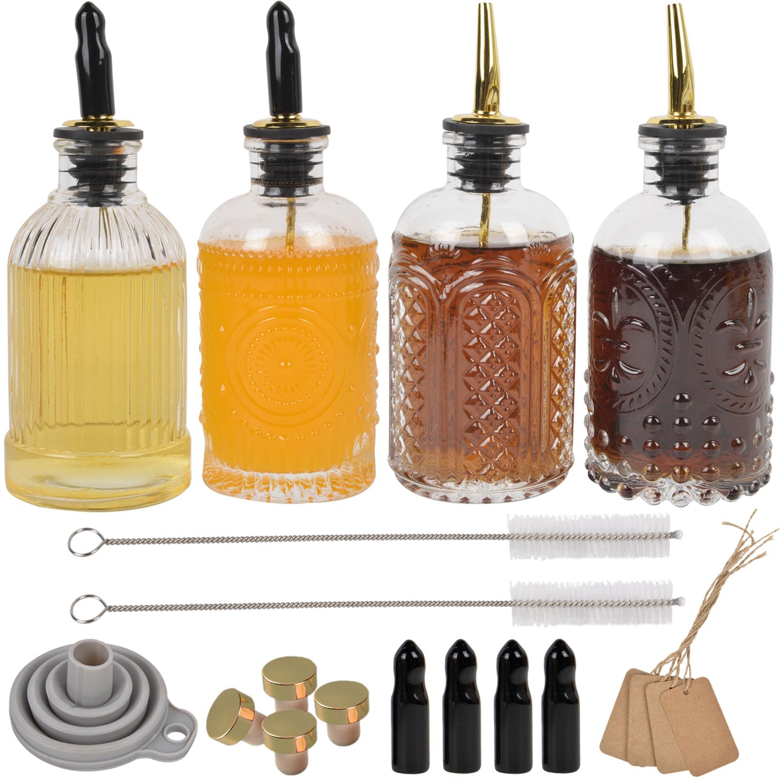 ChezMax syrup dispenser set with four carved bottles for organized bar station