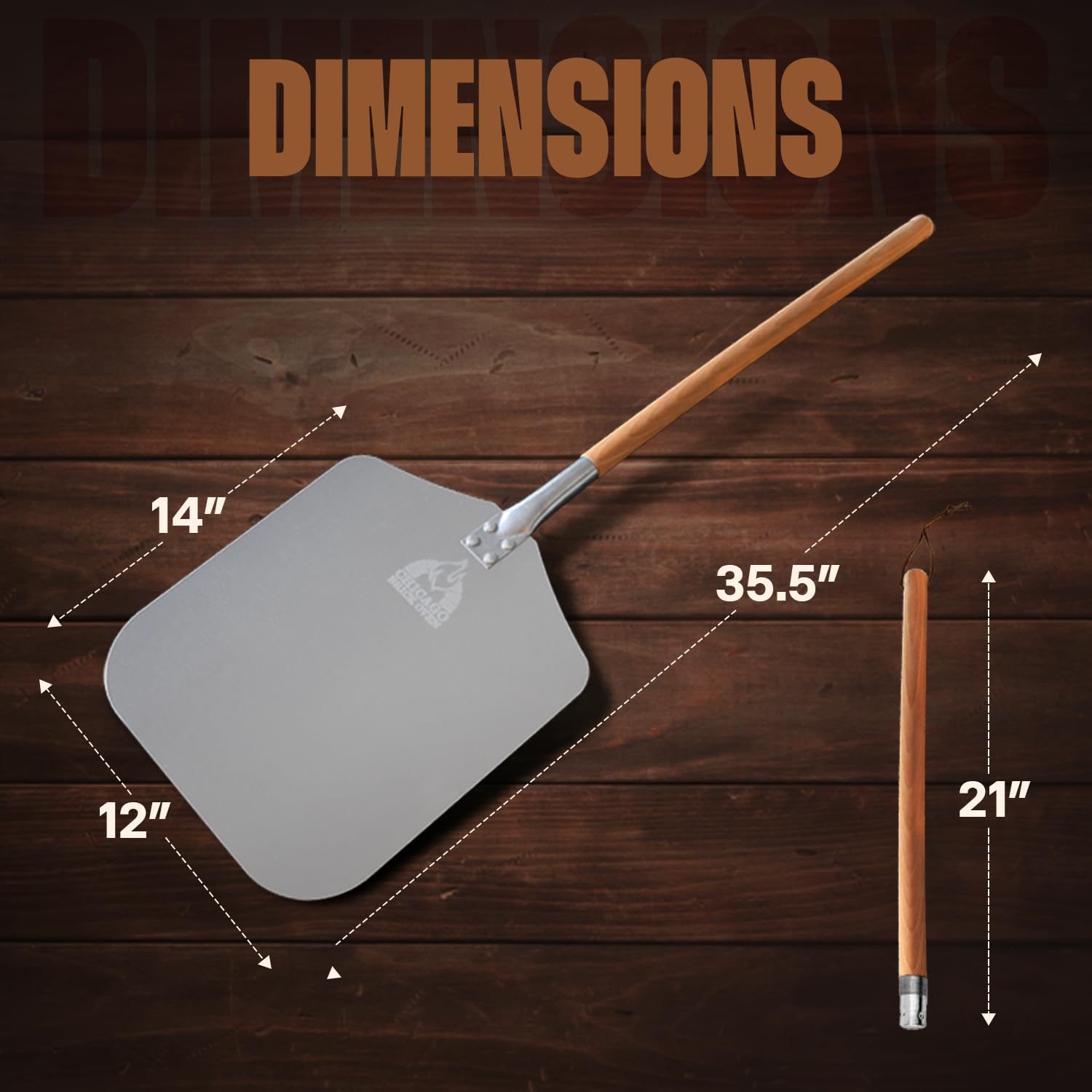 Chicago Brick Oven pizza peel with detachable wooden handle for flexible storage and use