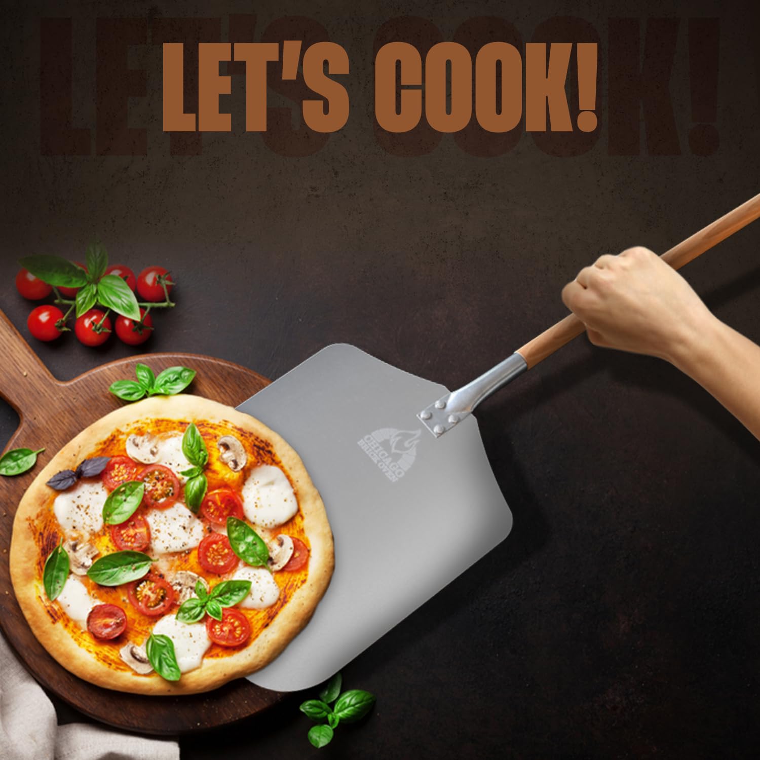 Chicago Brick Oven pizza peel features 21-inch wooden handle for easy grip