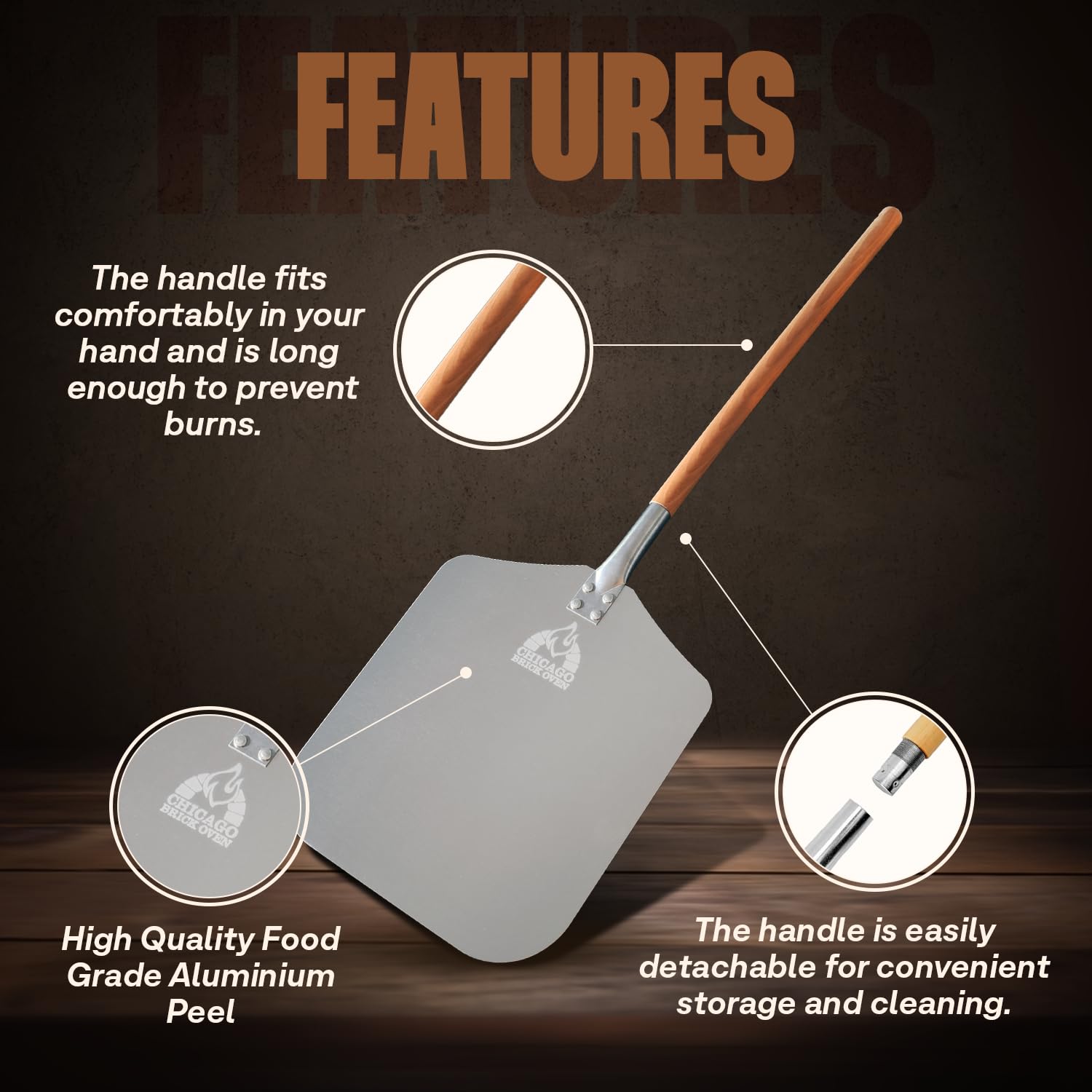 Chicago Brick Oven pizza peel total length 35.5 inches enhances reach and safety