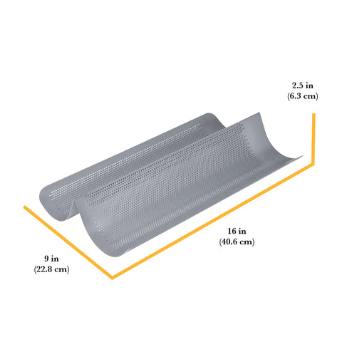 Chicago Metallic Commercial II perforated pan side view highlighting sturdy aluminum for even heat
