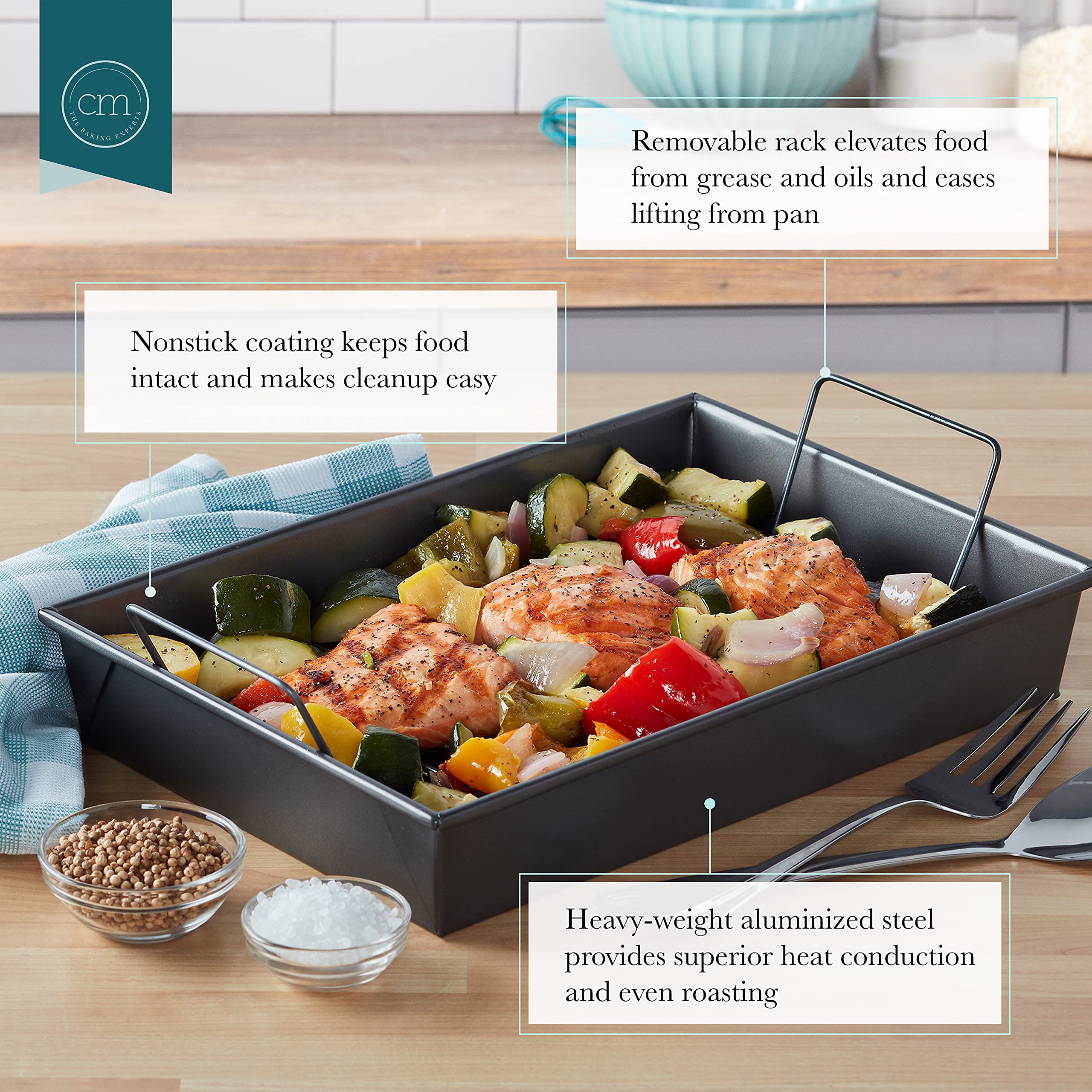 Chicago Metallic Pro Roast Pan 13x9 inch size fits large roasts and vegetables.