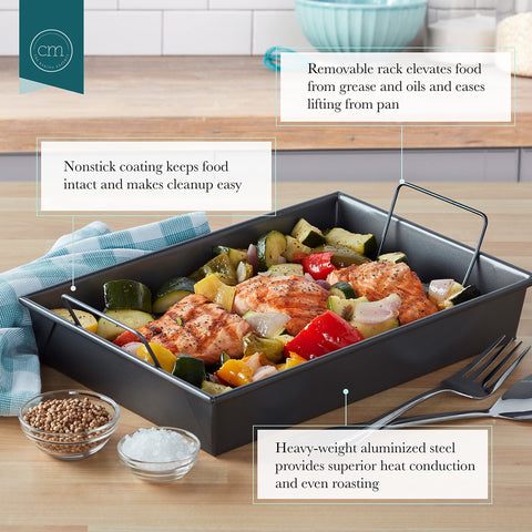 Chicago Metallic Pro Roast Pan 13x9 inch size fits large roasts and vegetables.