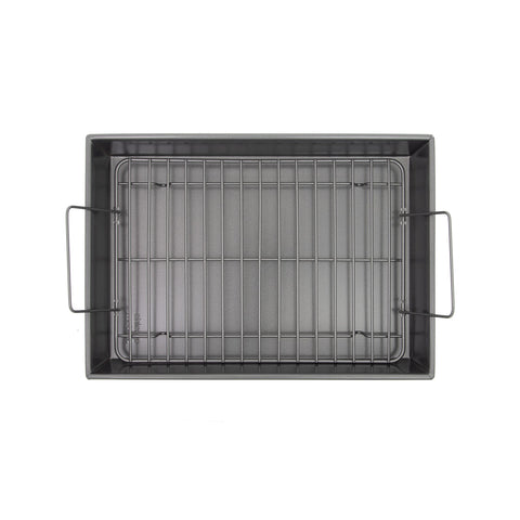 Chicago Metallic Pro Roast Pan is dishwasher safe, but hand washing is recommended.