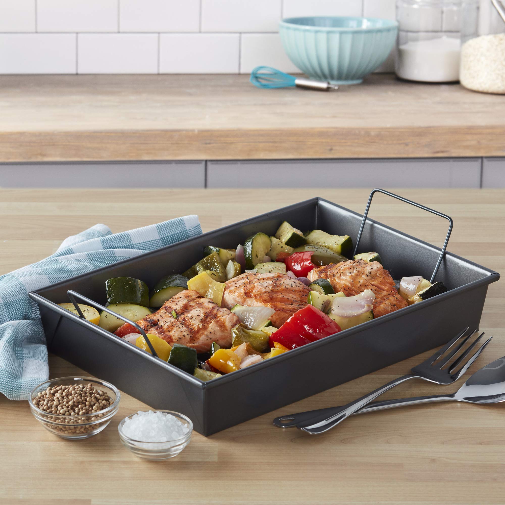 Chicago Metallic Pro Roast Pan nonstick coating eases cleanup after roasting.