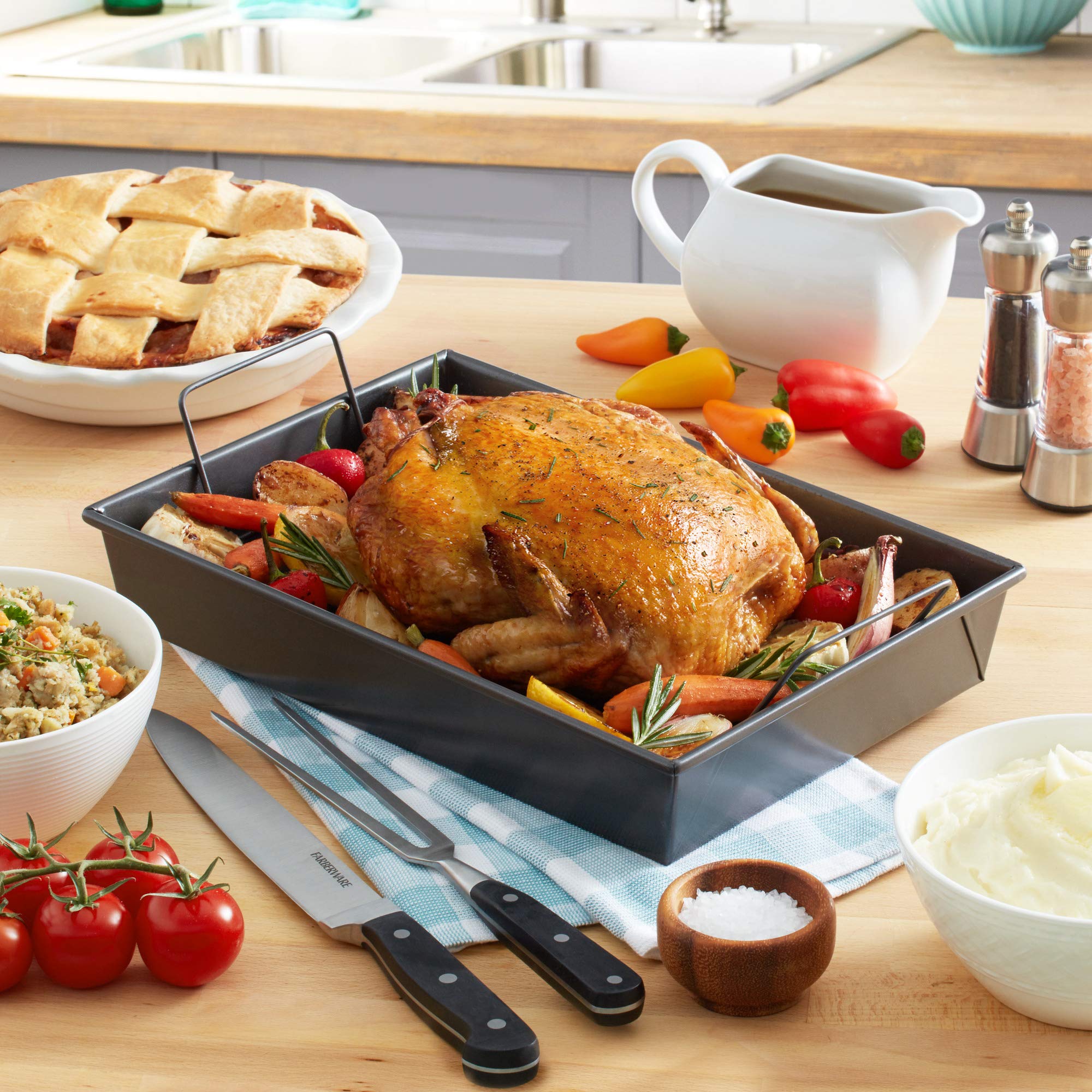 Chicago Metallic Pro Roast Pan with strong stainless handles for easy transport.
