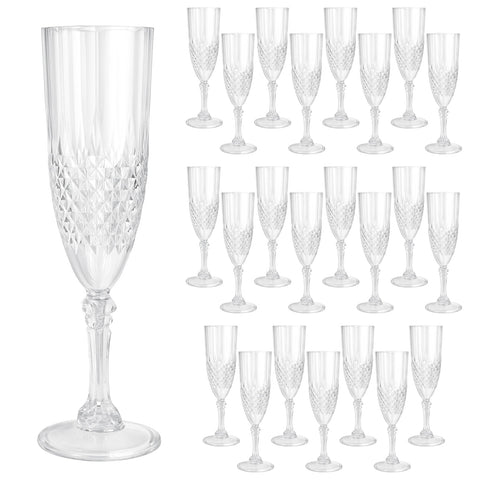 CHICERA 24-piece plastic champagne flutes with white crystal design for elegant celebrations.