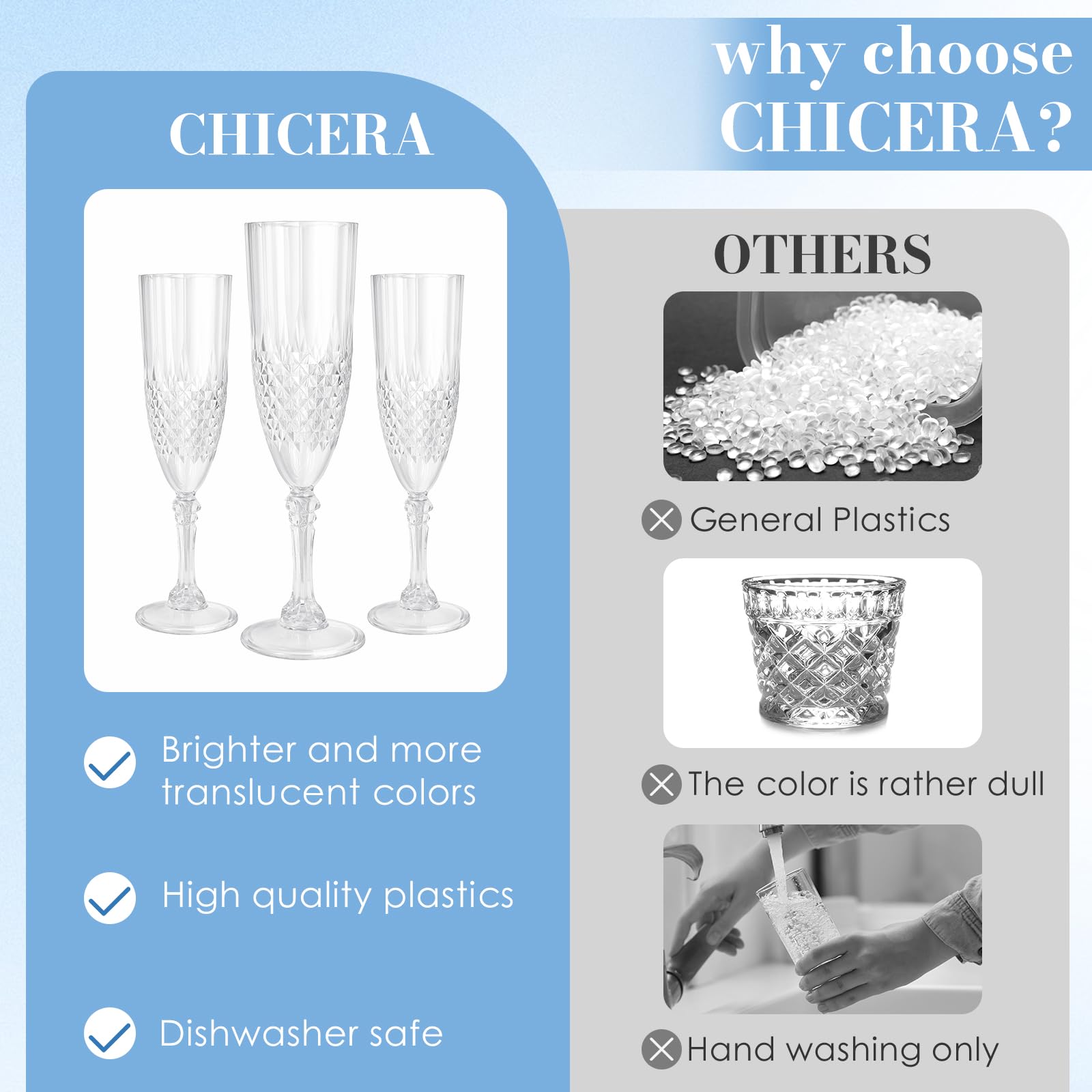 CHICERA stemmed flutes ideal for champagne, wine, and cocktails at parties.