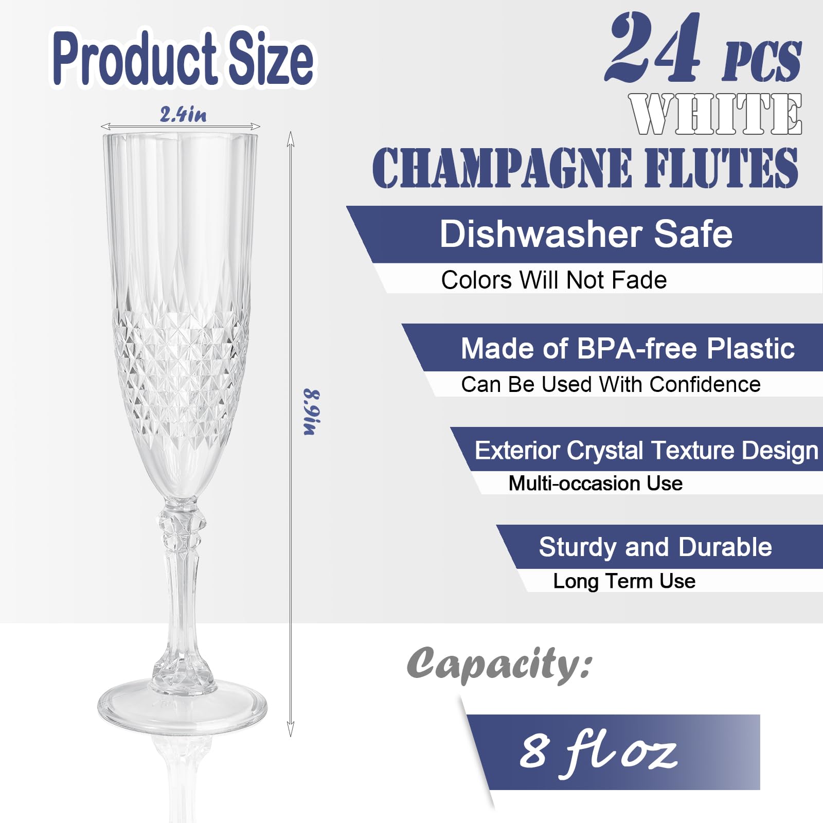 CHICERA white crystal plastic champagne glasses, stemmed and BPA-free for confident daily use.