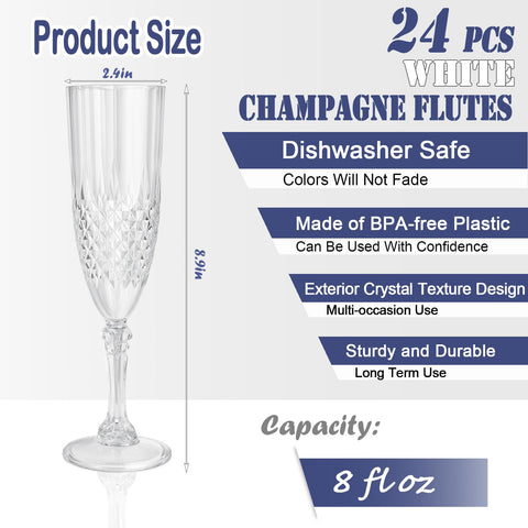 CHICERA white crystal plastic champagne glasses, stemmed and BPA-free for confident daily use.
