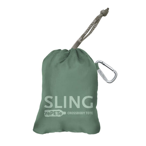 ChicoBag Sling rePETe Refine folds into built-in pouch for easy packing.