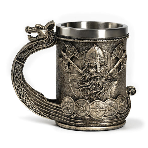 CHICVITA Viking mug with dragon handle, detailed 3D pattern ideal for medieval gifts