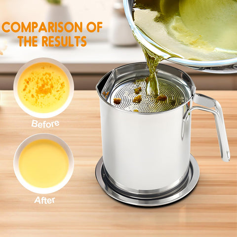 Chihee grease container fine mesh strainer filters debris from oil.