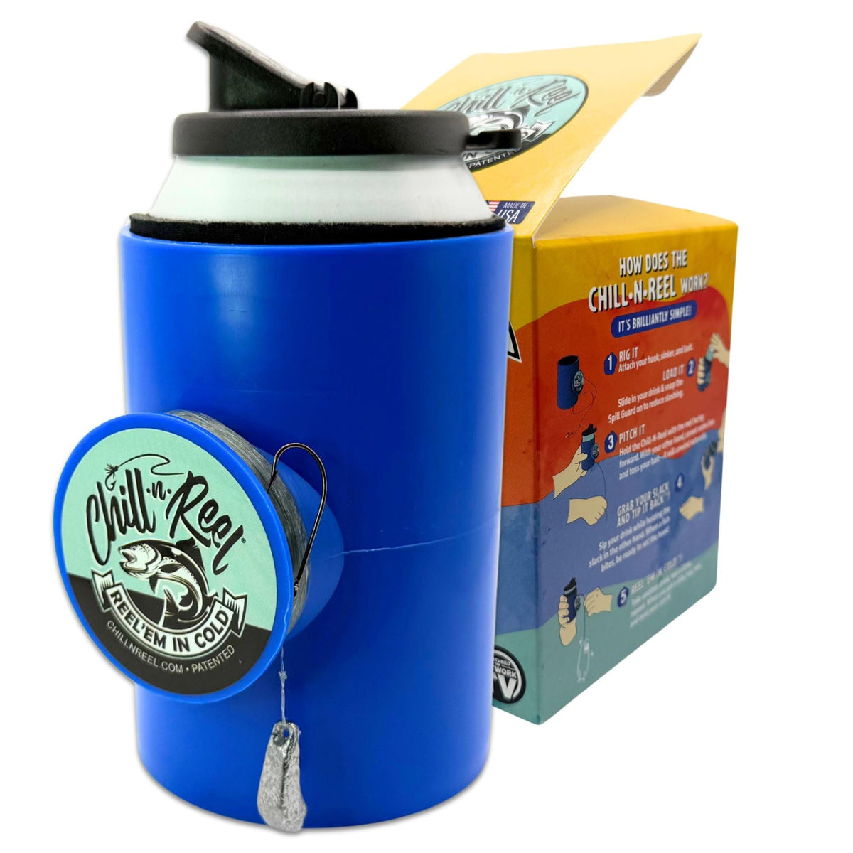 Chill-N-Reel can cooler reel: integrated hand reel for convenient on-the-go fishing.