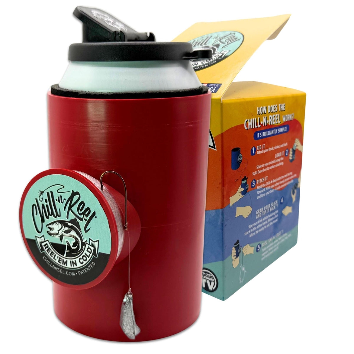 Chill-N-Reel crimson beer can cooler with integrated reel in hand, ready for fishing.