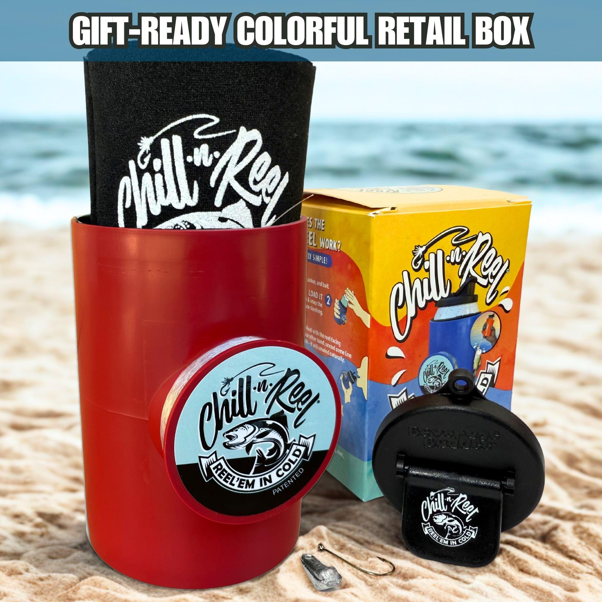 Chill-N-Reel crimson hard-shell cooler protecting standard 12 oz and 16 oz cans.