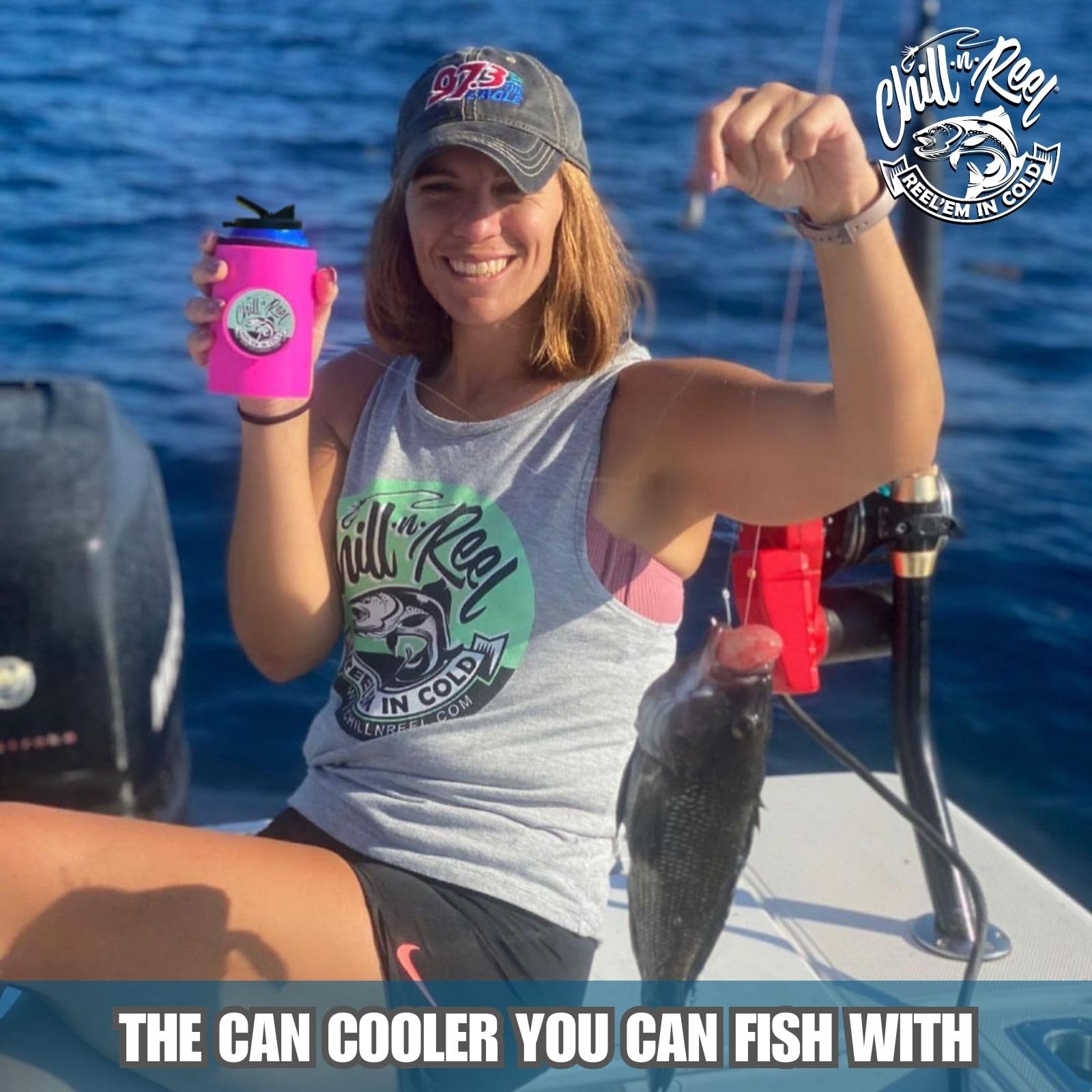 Chill-N-Reel pink can cooler 50 ft line spool included