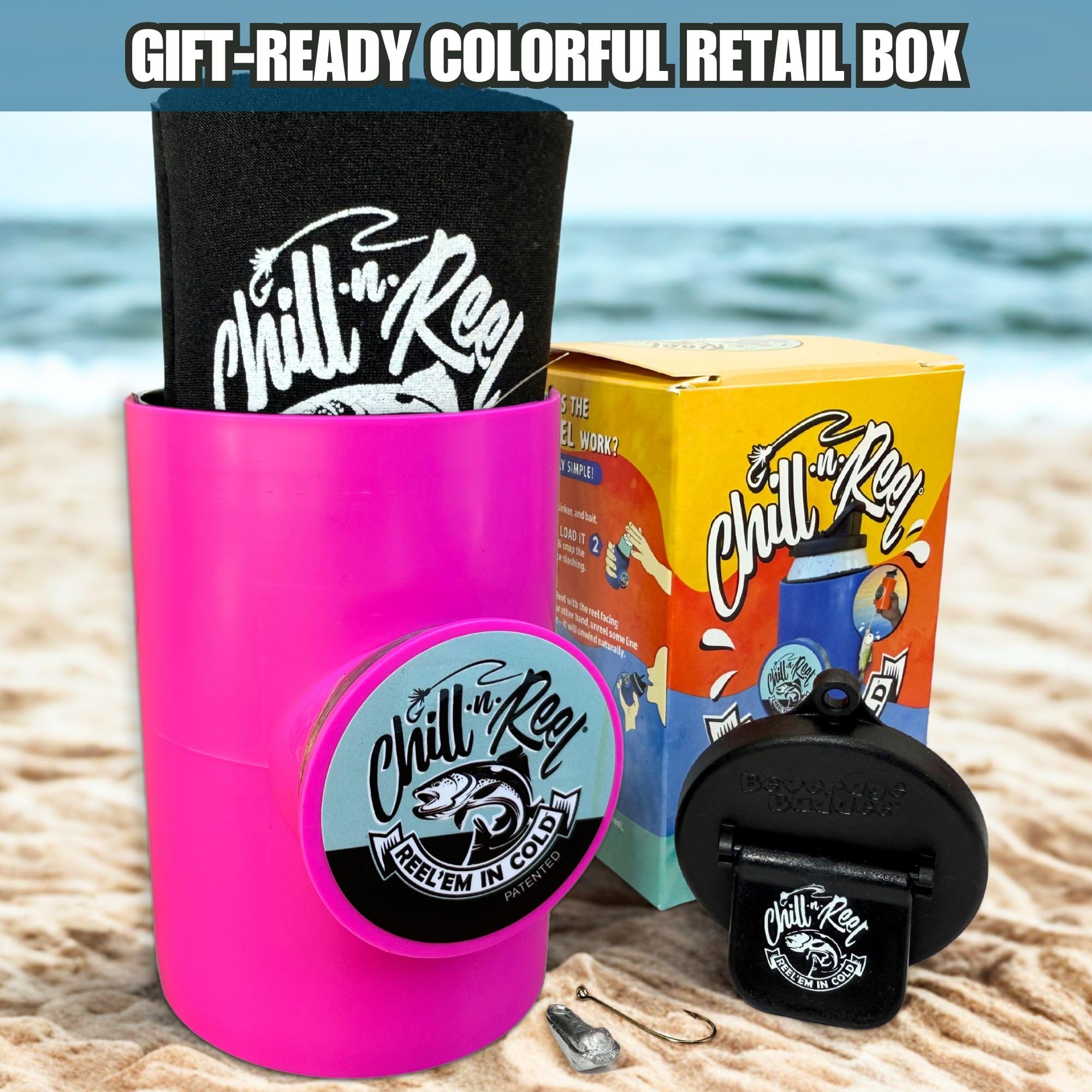 Chill-N-Reel pink can cooler handline reel deployed on a boat scene