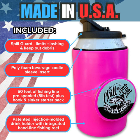Chill-N-Reel pink can cooler spill guard topper prevents spills