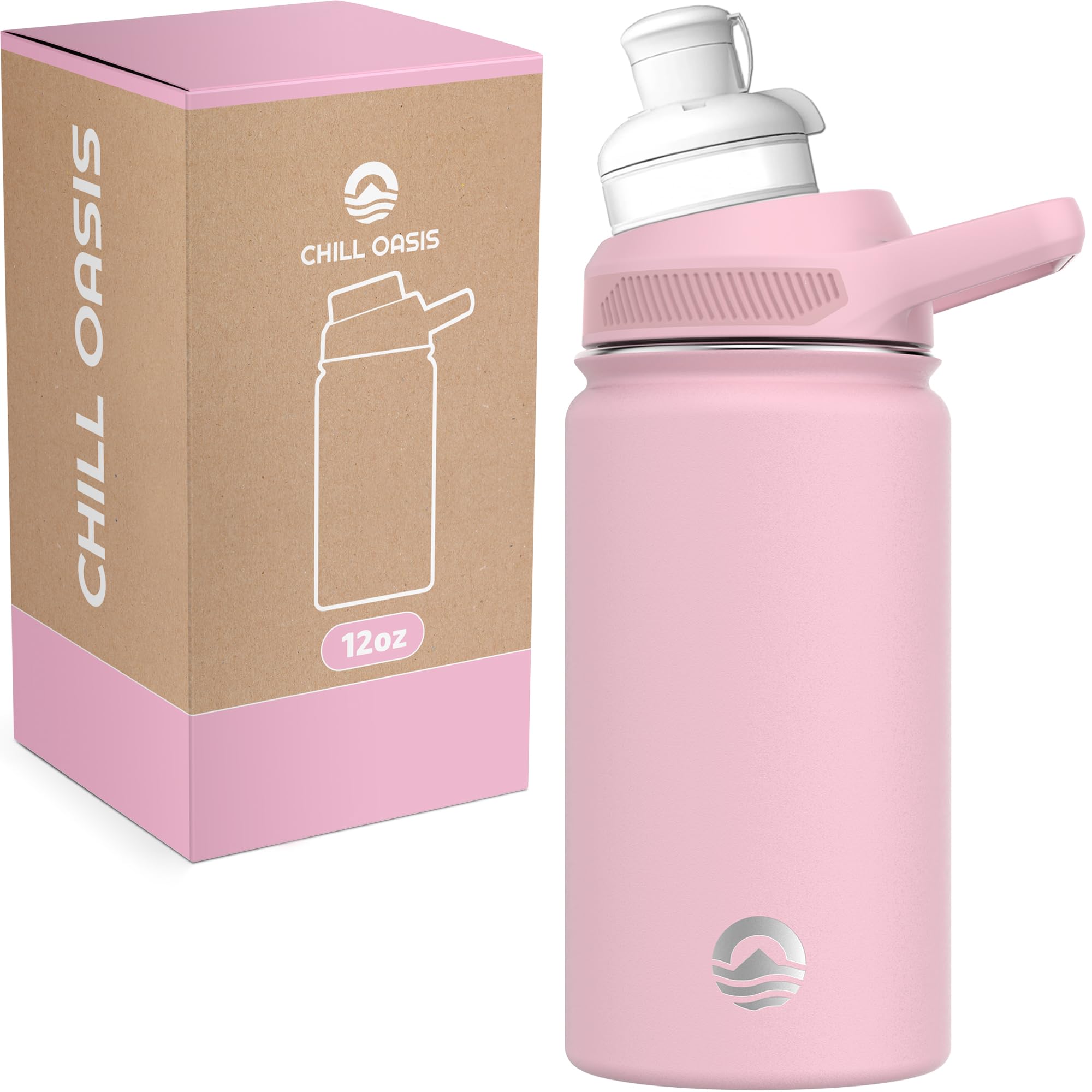 Chill Oasis 12oz bottle front view in pink keeps drinks cold for hours.