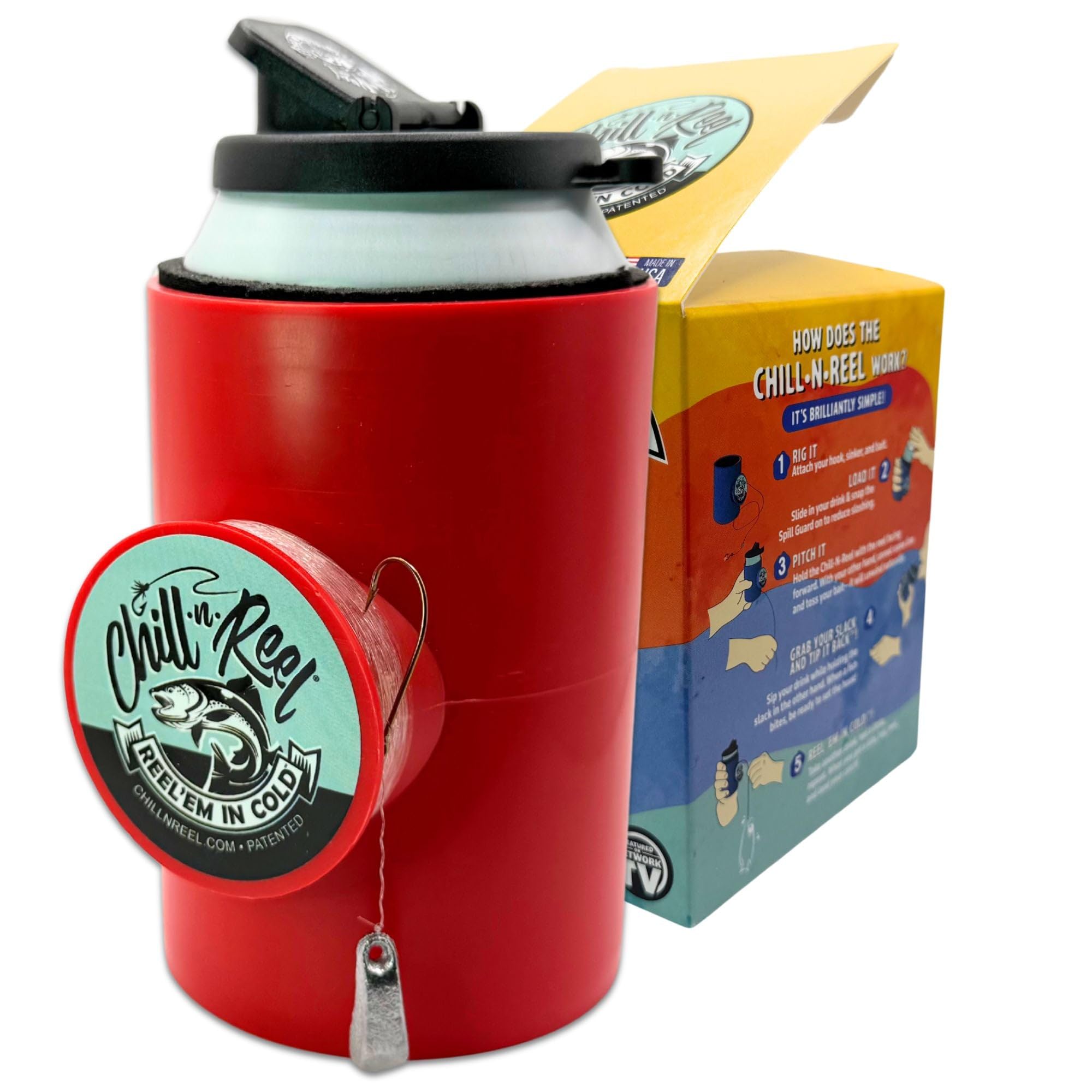 Chill-N-Reel fishing can cooler from front view, compact outdoor beverage solution.