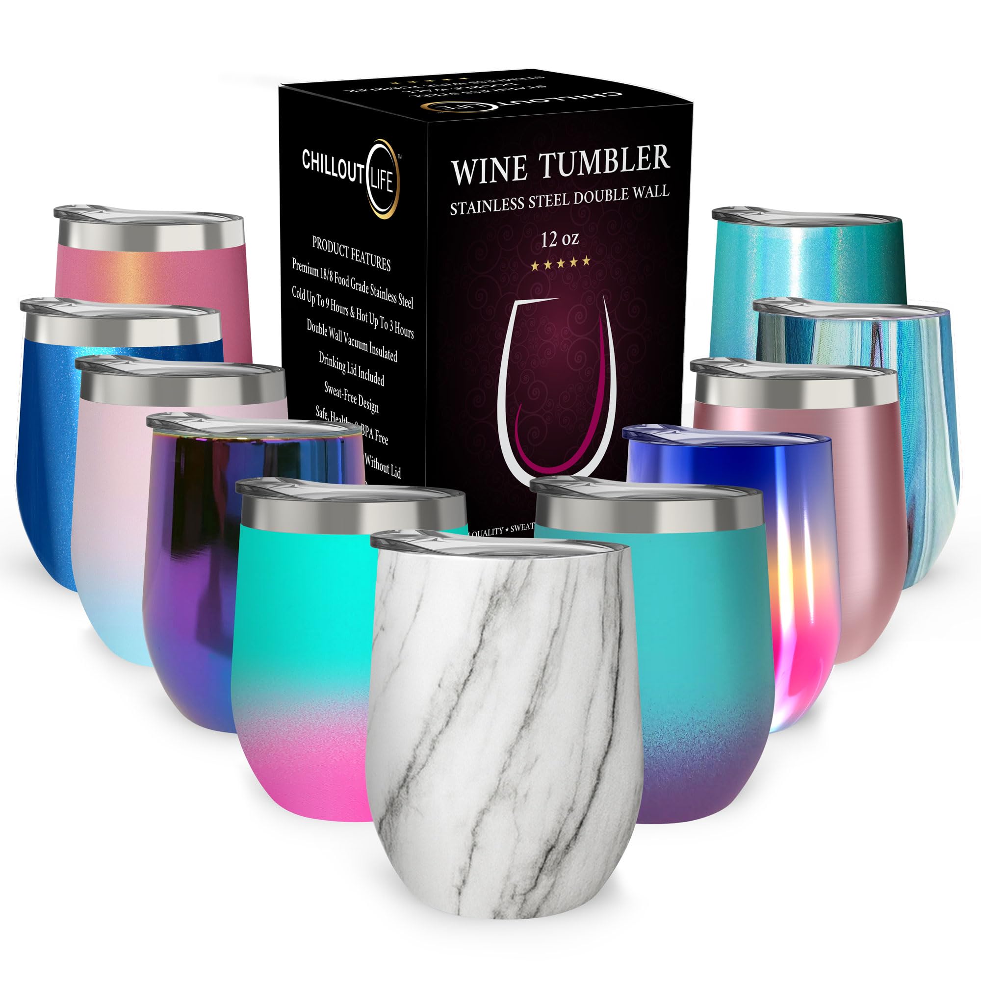 CHILLOUT LIFE 12oz wine tumbler with lid – portable for picnics and outdoor sipping.