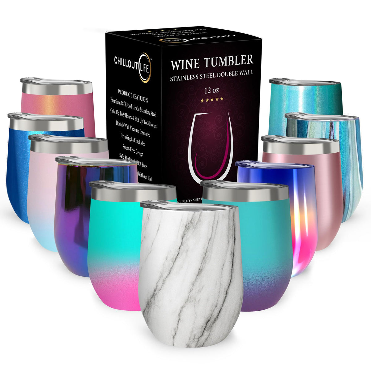 CHILLOUT LIFE 12oz wine tumbler with lid – portable for picnics and outdoor sipping.