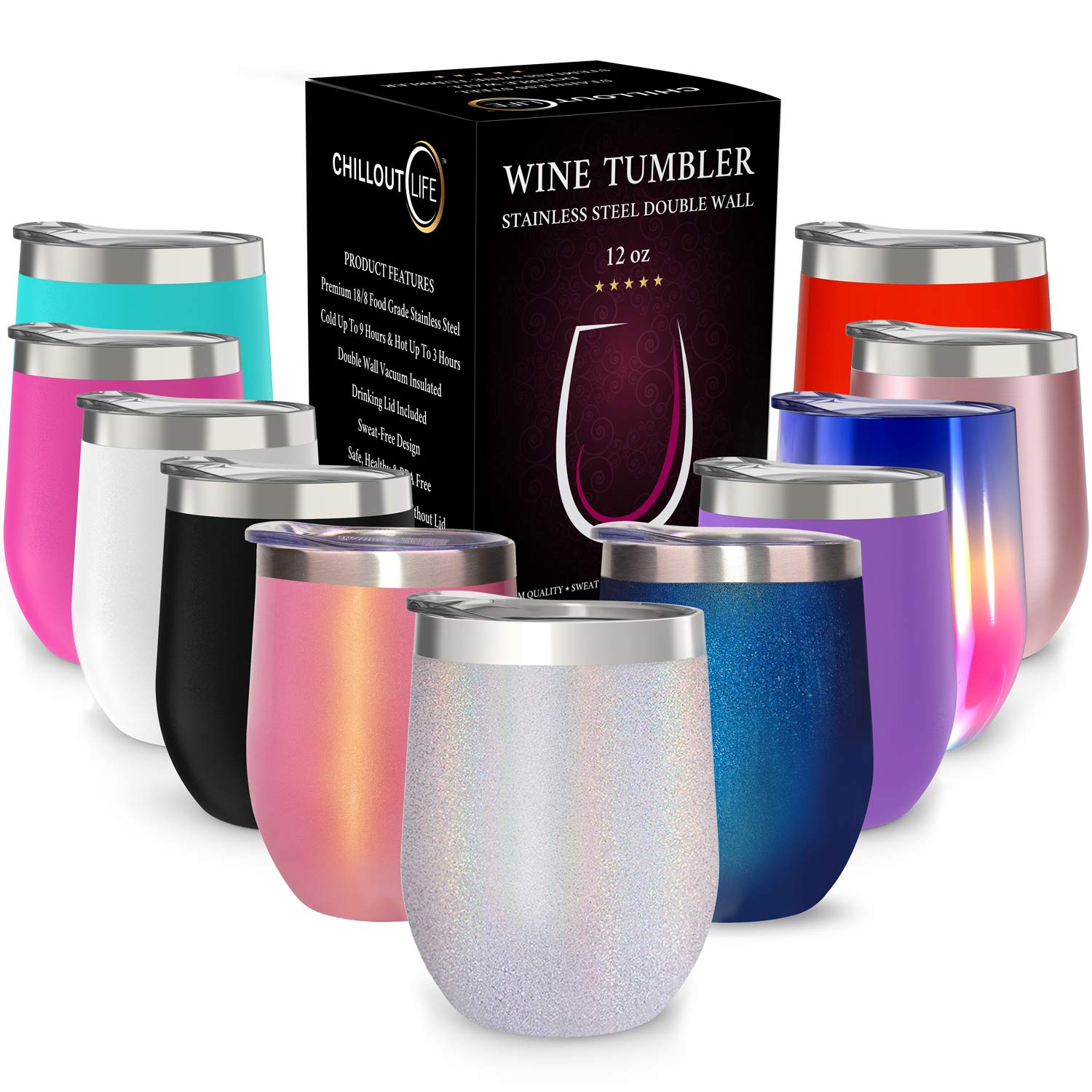 Chillout Life 12oz wine tumbler with lid keeps beverages cold outdoors.
