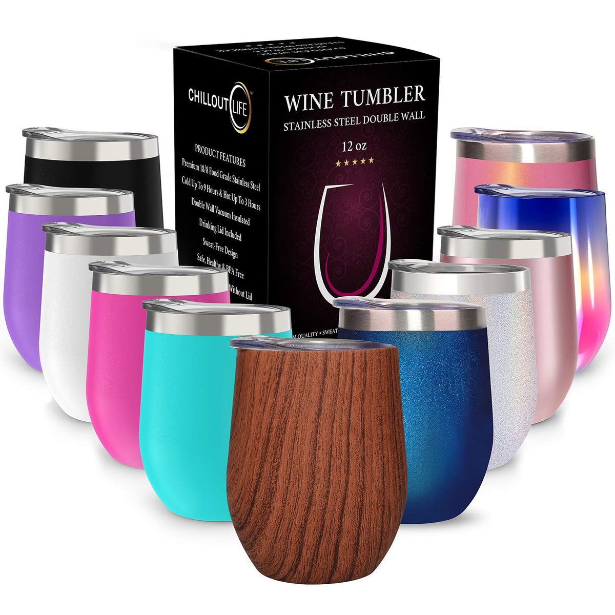 CHILLOUT LIFE 12oz wine tumbler with lid keeps beverages cold on the go