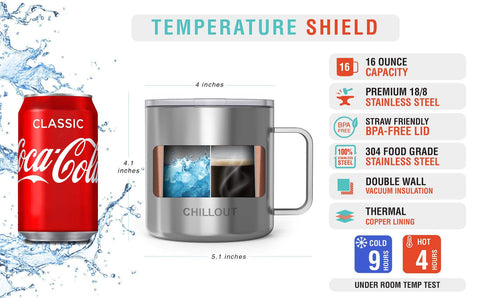 CHILLOUT LIFE double-wall insulated mug features copper lining for longer temperature retention.