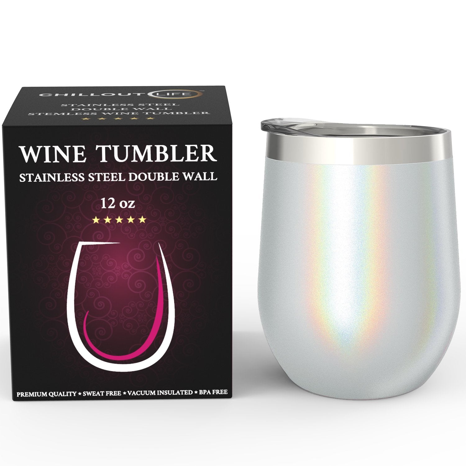 Chillout Life holographic glitter tumbler adds shine while preserving cold drinks.
