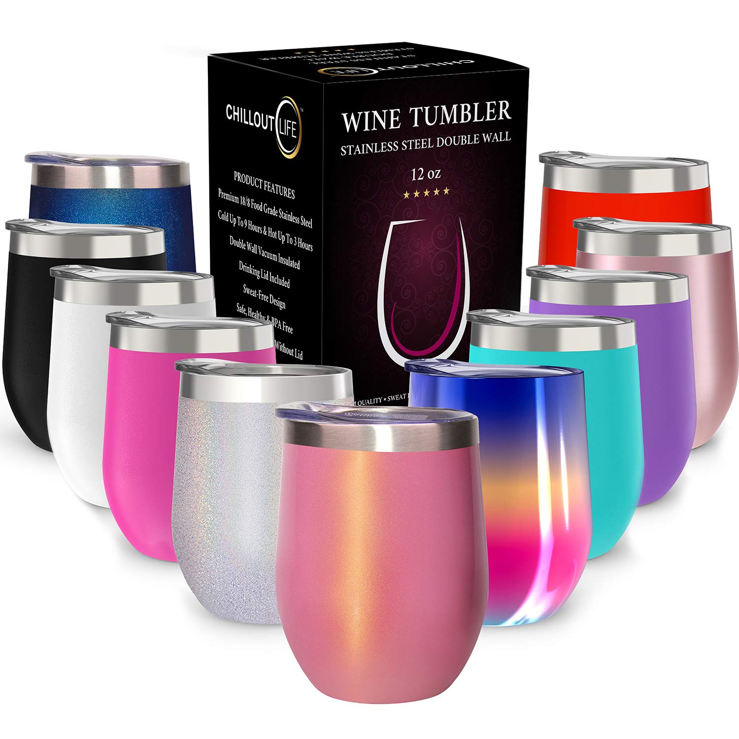 CHILLOUT LIFE wine tumbler with lid in pink sparkle for outdoor refreshment.