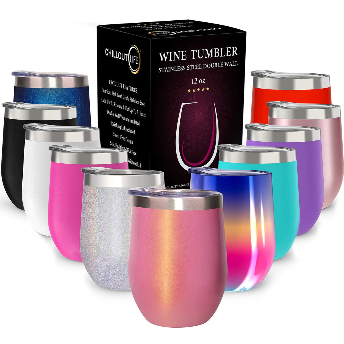 CHILLOUT LIFE wine tumbler with lid in pink sparkle for outdoor refreshment.