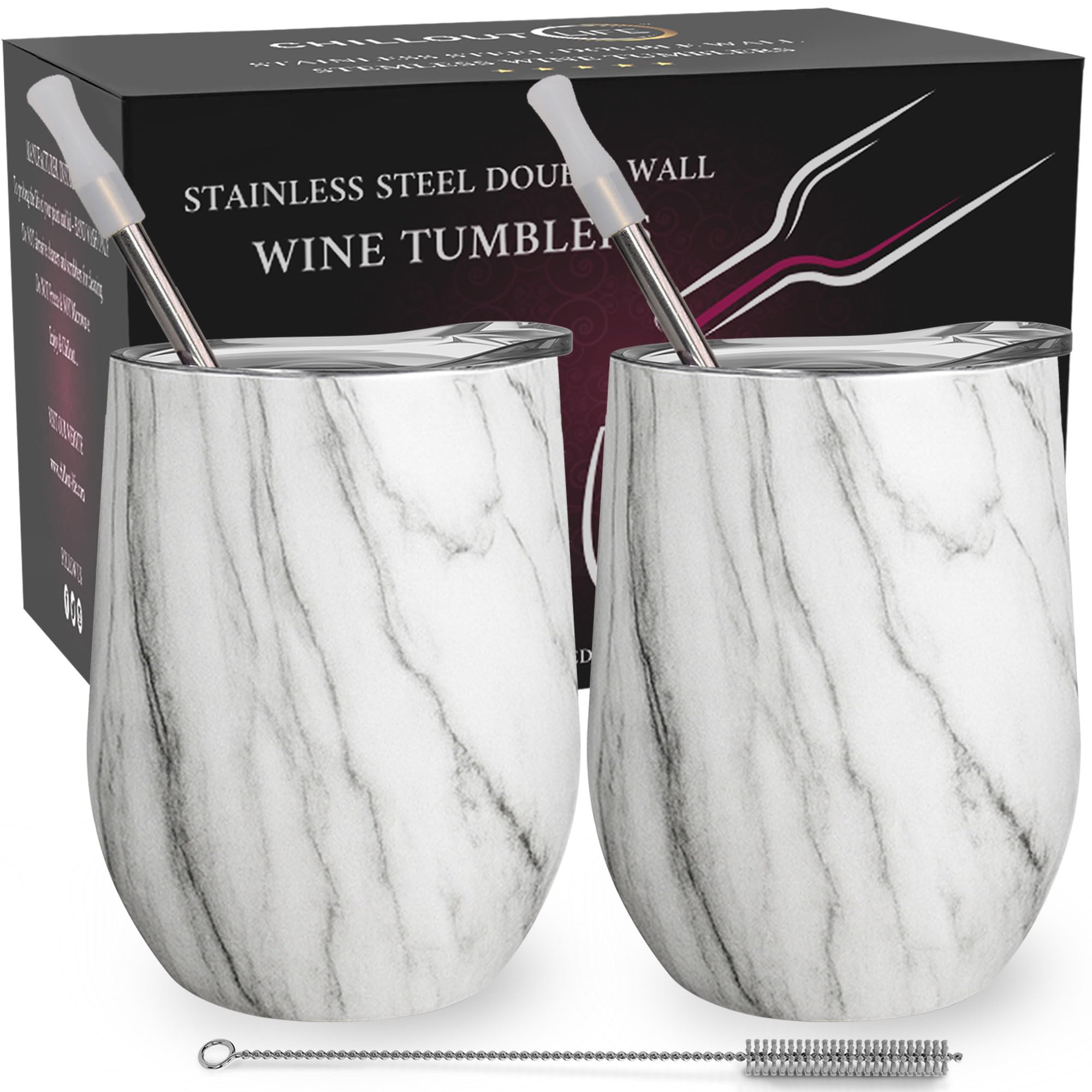 CHILLOUT LIFE 12 oz wine tumbler Carrara Marble two-pack, ideal for picnics and travel