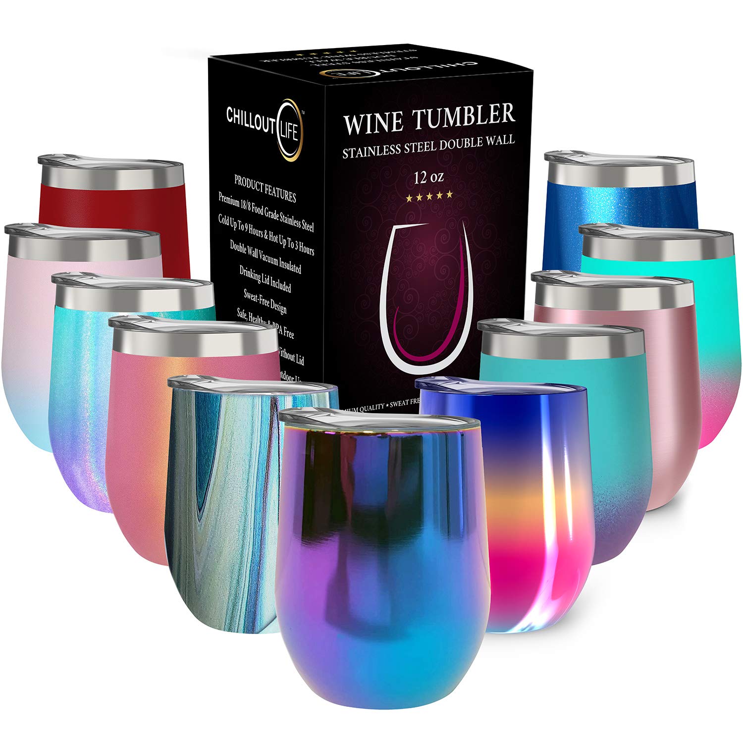 CHILLOUT LIFE 12oz wine tumbler with lid for spill-free outdoor sipping