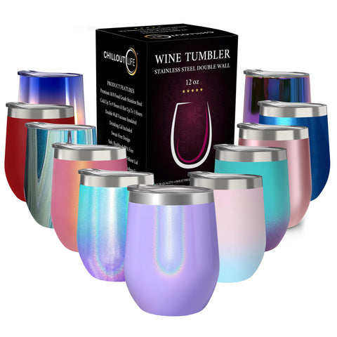 CHILLOUT LIFE 12oz wine tumbler purple sparkle front view keeps drinks cool outdoors.
