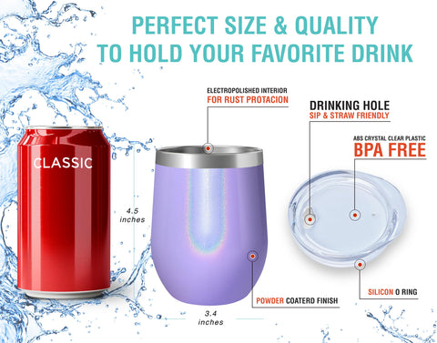 CHILLOUT LIFE 12oz wine tumbler purple sparkle lid off for easy sipping.
