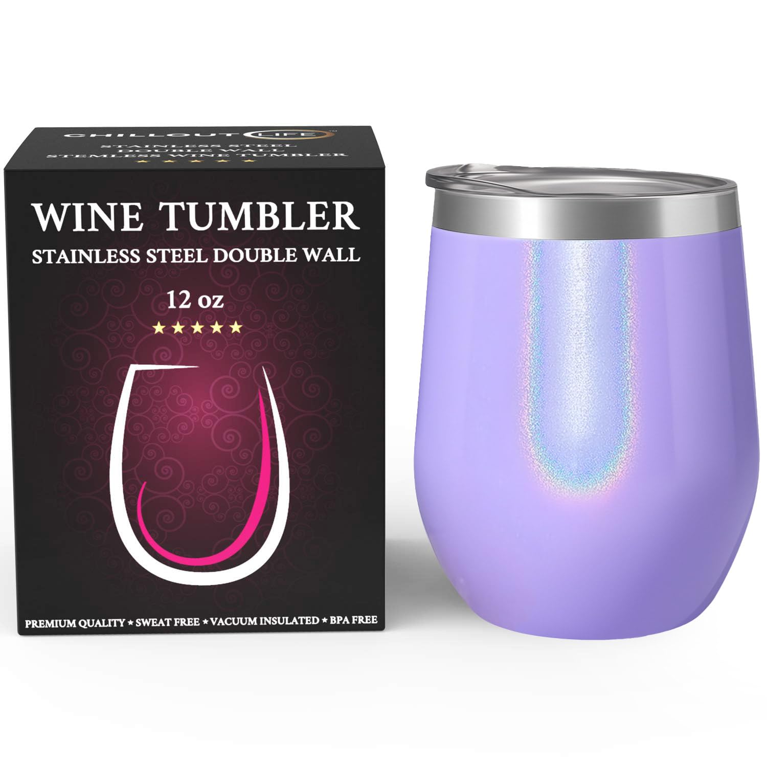 CHILLOUT LIFE 12oz wine tumbler purple sparkle lid on emphasizes spill-proof portability.