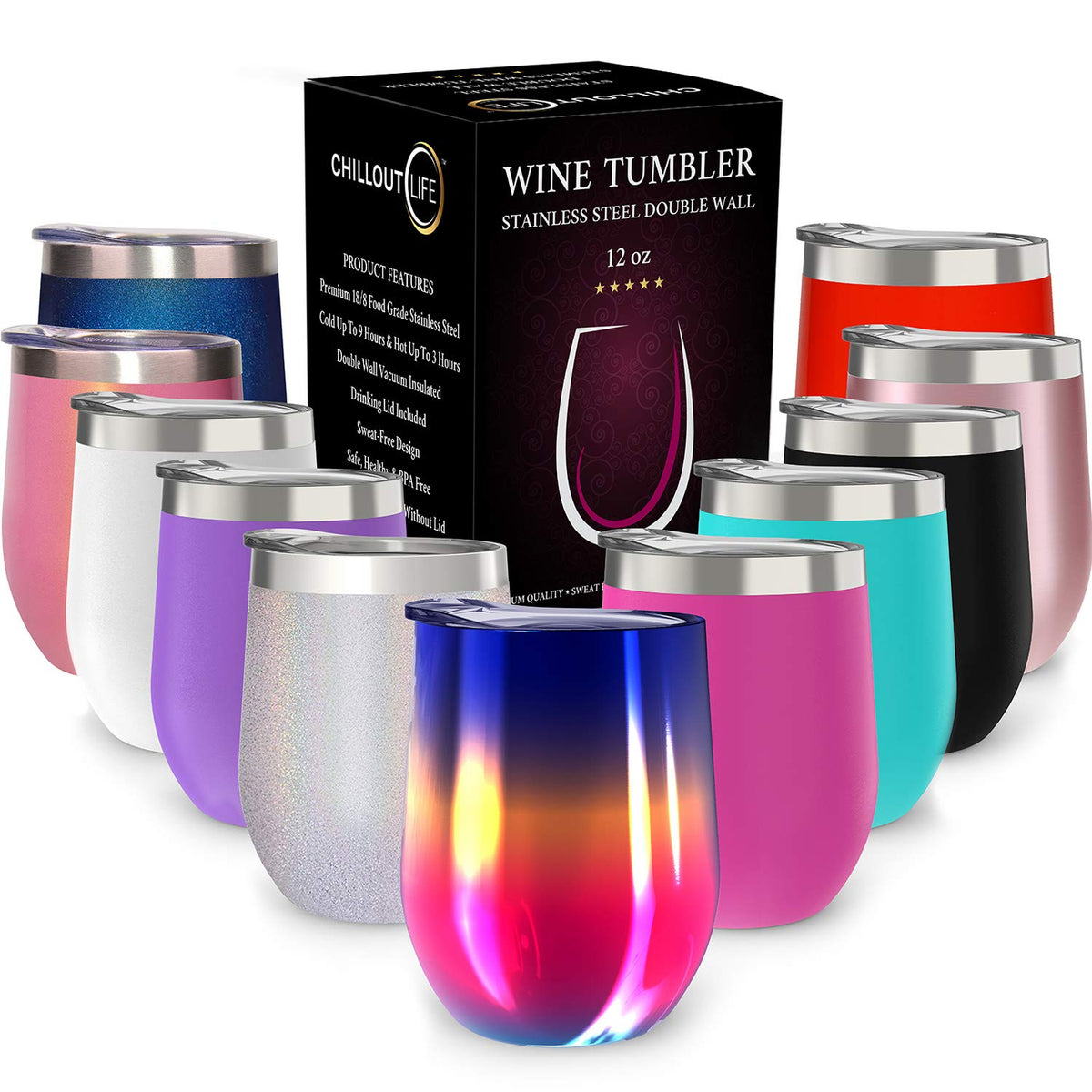CHILLOUT LIFE 12oz rainbow wine tumbler with lid keeps drinks cold outdoors.