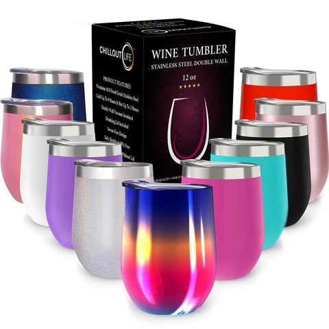 CHILLOUT LIFE 12oz rainbow wine tumbler with lid keeps drinks cold outdoors.